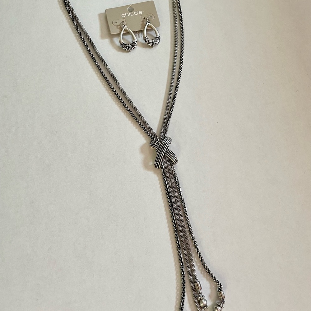 NWT Chico's Silver-Tone Knotted Lariat Necklace with Matching Drop Earrings